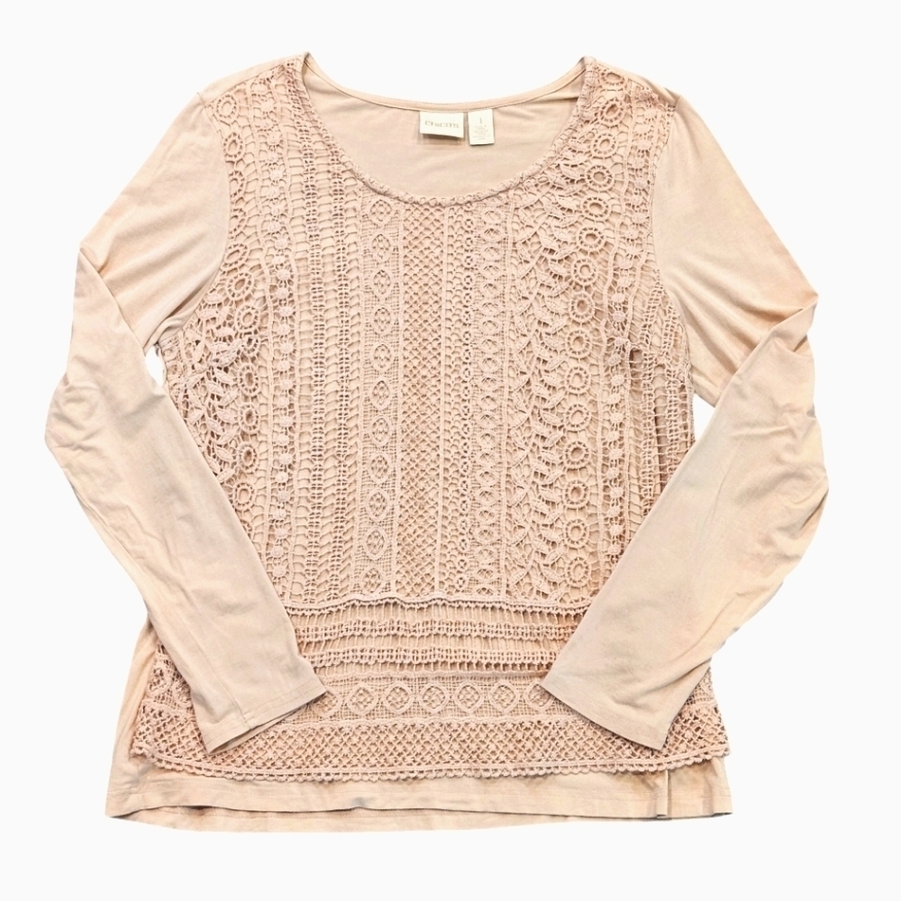 Chico's Soft Pink Lola Lace Two-In-One Crochet Overlay Top 1 Medium